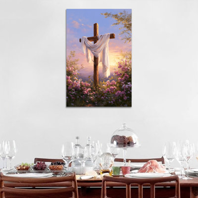  Impression de toile de printemps religieuse - Pâques, décoration murale de photos de Pâques avec lever de soleil floral et croix en bois pour le cadre en pin de salon, 18 po x 24 po
