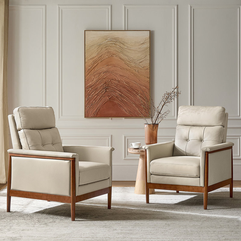 Outen Mid-Century Modern Genuine Leather Armchair with Solid Wood Armrests, Beige