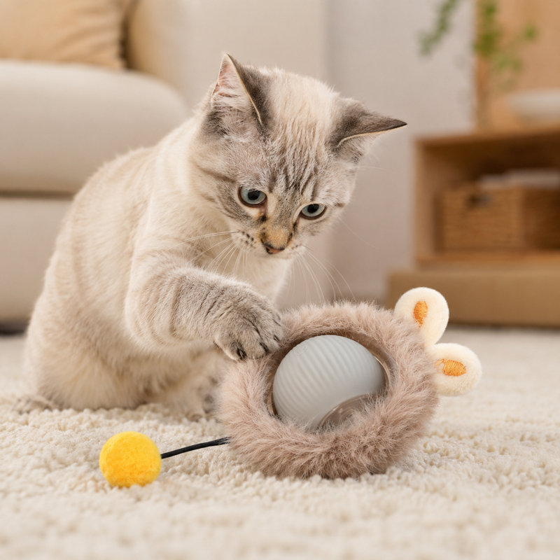 Boule de chat interactive avec anneau de lapin en peluche - Jouet intelligent à roulement automatique de 2,36 po, 3 modes, activé par le mouvement, rechargeable 300 mAh, pour les chats d'intérieur (rouge, vert, gris)