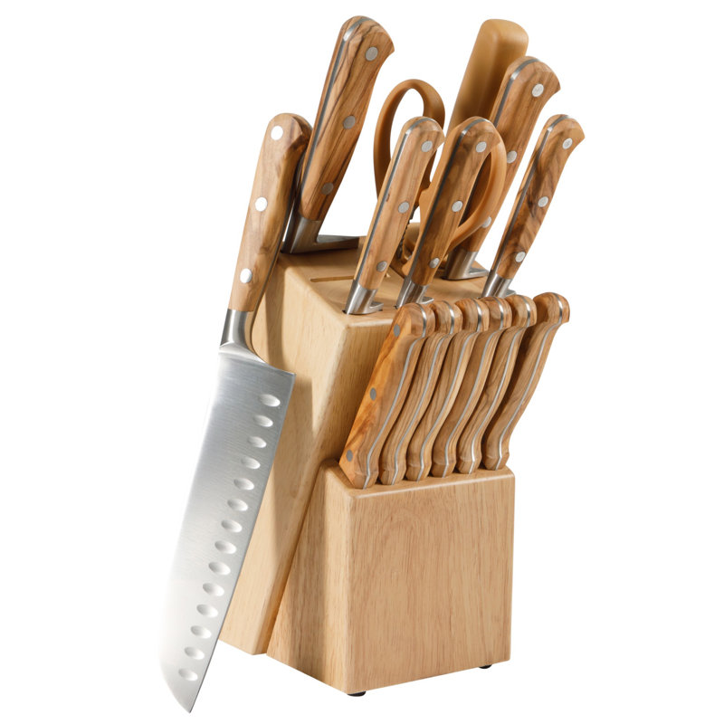 Ensemble de couteaux de cuisine en acier inoxydable allemand Martha Stewart 15 pièces avec poignée forgée en bois d'olivier italien