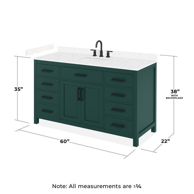 Meuble-lavabo simple 60 po Beckett, Vert avec bordure noir mat, Comptoir en marbre de culture de Carrare