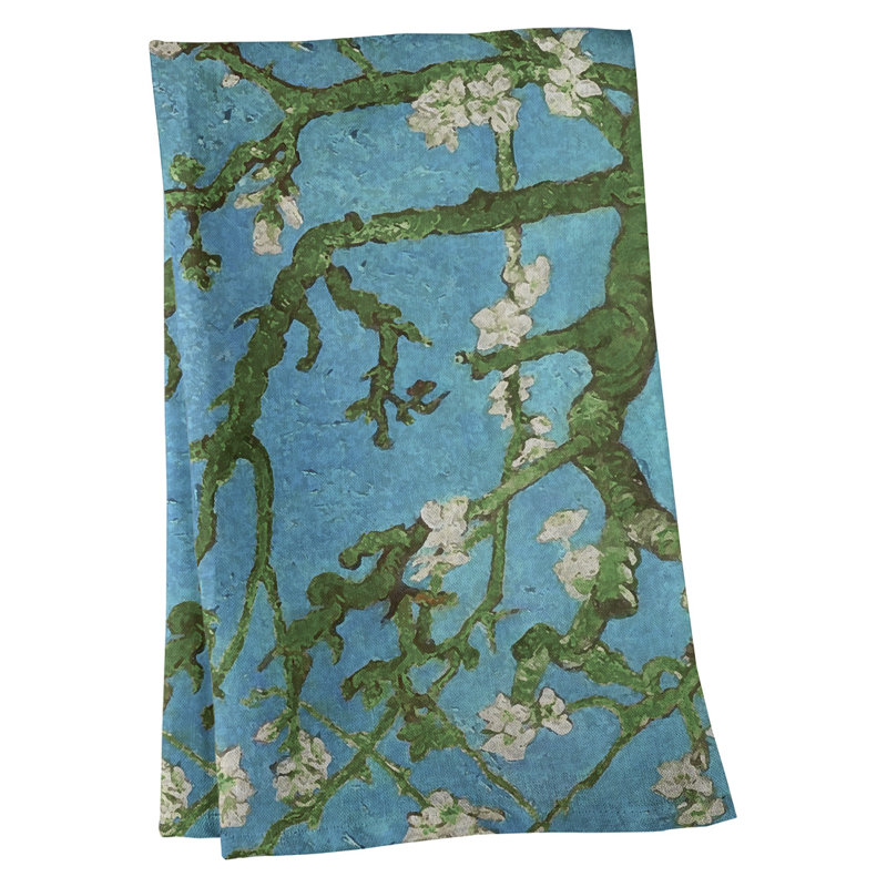 Serviette de thé en fleurs d’amande, Polyester sergé, Bleu / Vert foncé