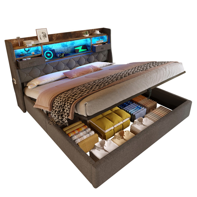 Upholstered Hydraulic Lift With Led & Usb-c, Storage Headboard, 180x200 Cm, Grey Linen, Double (4'6)