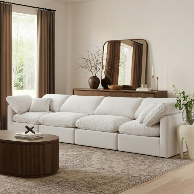 Musheerah 140'' Velvet Sofa, Cream Velvet