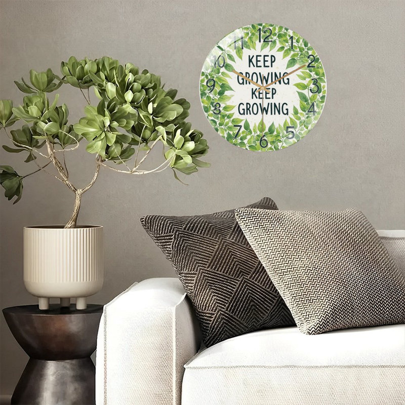 Horloge murale Keep Growing, feuilles vertes, motif décoratif 12 po