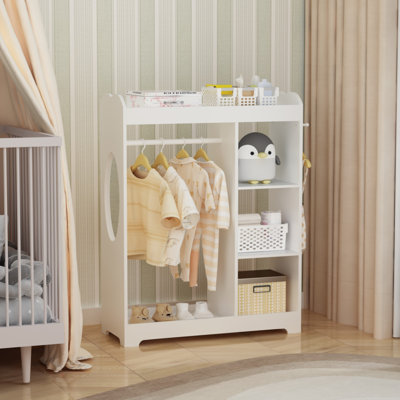 White Kids Clothes Storage Wardrobe, Toddler Open Garment Rack with Hanging Rod & 3-Tier Side Cubby Shelves, Cute Cloud Top Children Dress Up Closet for Playroom Bedroom Nursery, Toy & Clothing Organizer Cabinet
