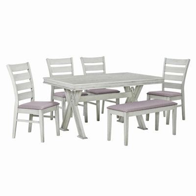 6-Piece Retro 59""L Rectangular Dining Table Set, Table With Unique Legs And 4 Upholstered Chairs & 1 Bench For Dining Room And Kitchen -  STYLISH, OKKK612-ST000096AAK