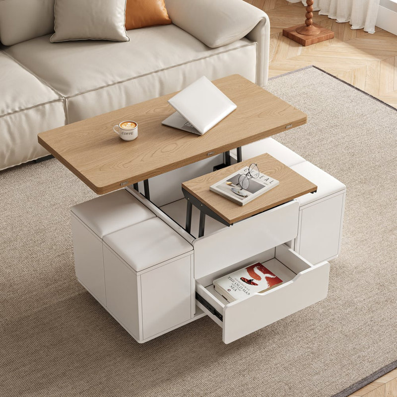 39" Lift-Top Foldable Coffee Table With 4 Stools & Storage, Natural Wood, White