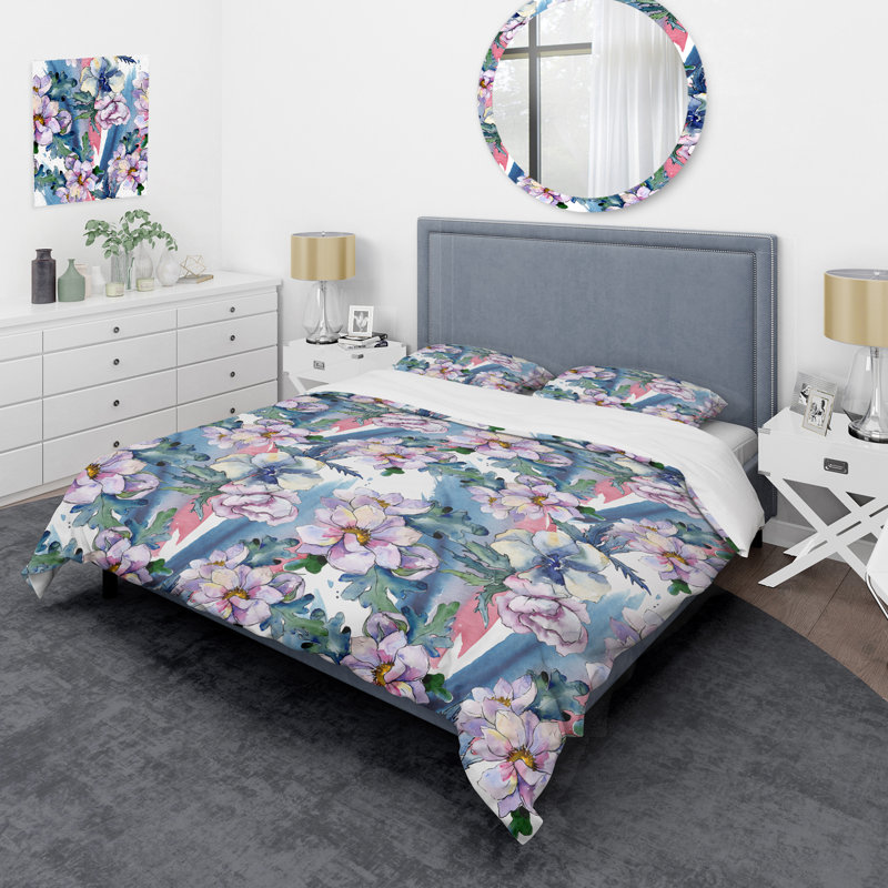 Ensemble de housse de couette en microfibre bleu / rose, Housse de couette simple + 1 taie décorative stan