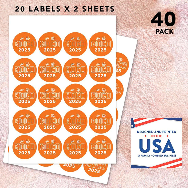 HOCO Stickers 2025, Orange & White Homecoming Dance Crown Design, Party & Scrapbook Favours, Orange/White