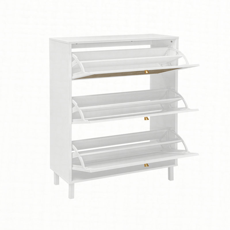 Rattan 3 Door Shoe Rack, Freestanding Modern Shoe Storage Cabinet, for Entryway, White