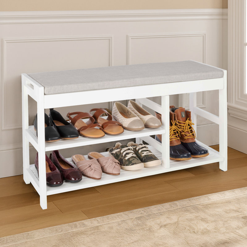 Shoe Bench - 3-Tier Wooden Shoe Rack for Entryway, Mudroom, or Bedroom - Entryway Shoe Storage with Padded Seat Cushion (White)