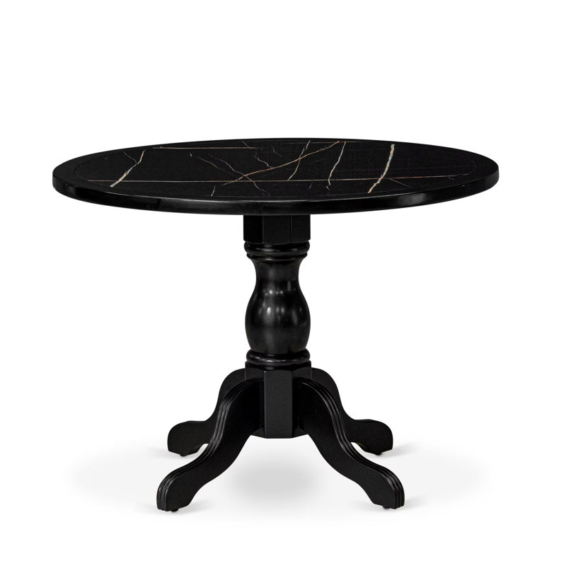 A Round Modern Kitchen Table with Ebony Wave Marble Pattern tabletop, Black Finish, Wirebrushed Black