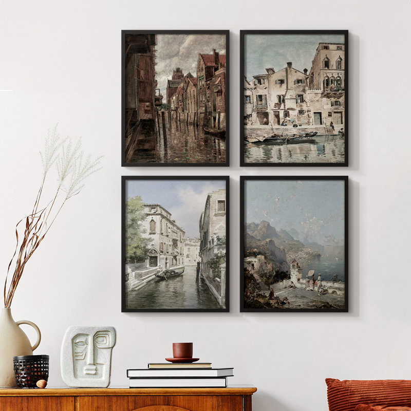 «Vintage Landscape CLVII», ensemble de 4 encadrés, Noyer, H 10 po x l 32 po