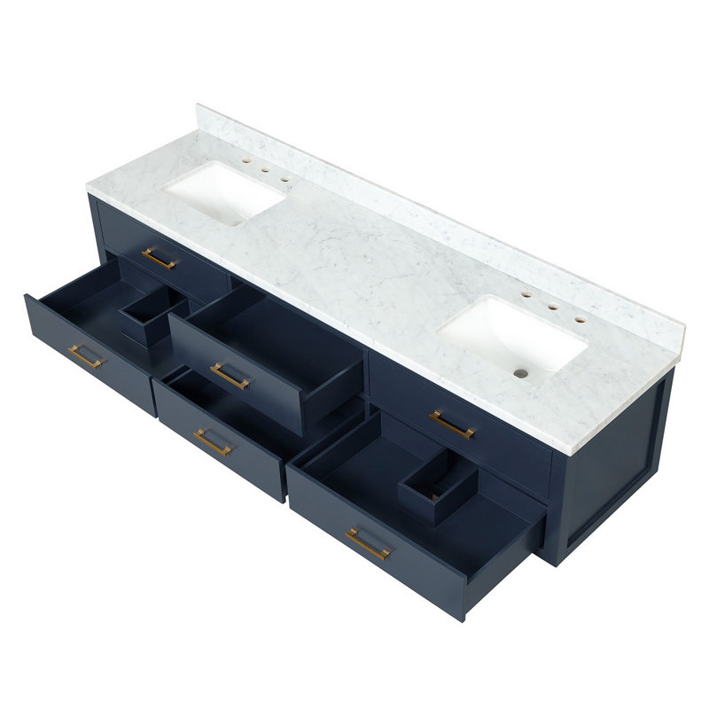 Meuble-lavabo double avec plan de travail blanc et ensemble de robinetterie, Bleu, Marbre
