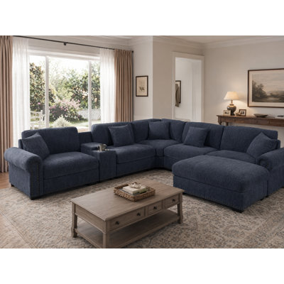 Canapé modulaire en chenille 6 places avec console de rangement, porte-gobelets, ports USB et repose-pieds réversible 6 places