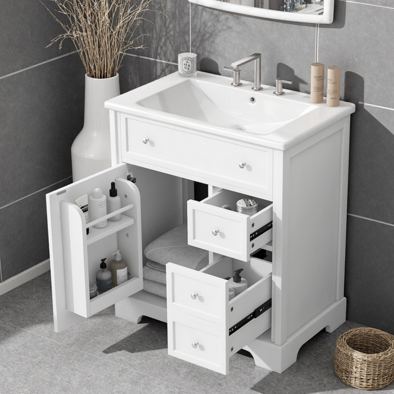 Meuble-lavabo moderne 30 po avec lavabo en céramique, armoire en bois massif et deux tiroirs
