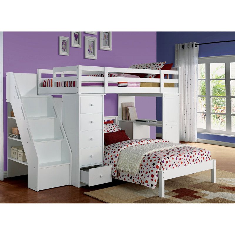 Lit mezzanine simple blanc avec rangement et caractéristiques - Structure stable à 16 lattes pour le soutien du matelas