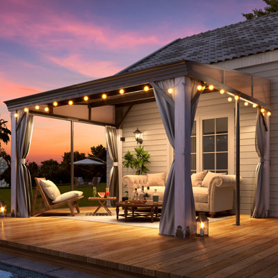 12 ft. W x 10 ft. D Wall-mounted Galvanized Steel Hardtop Gazebo, Heavy-duty Wooden Frame Patio Gazebo with Netting & Curtains