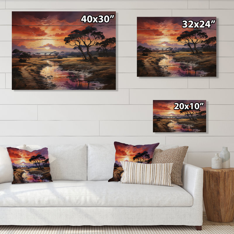 Serengeti africain, coucher de soleil sur bois, H 30 po x l 40 po x P 0,78 po