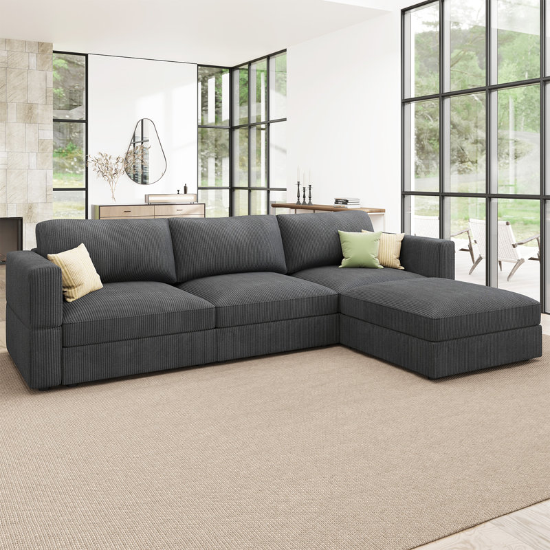 Bouley L-shaped Modular Corduroy Sectional Cloud Couch, Gray Corduroy