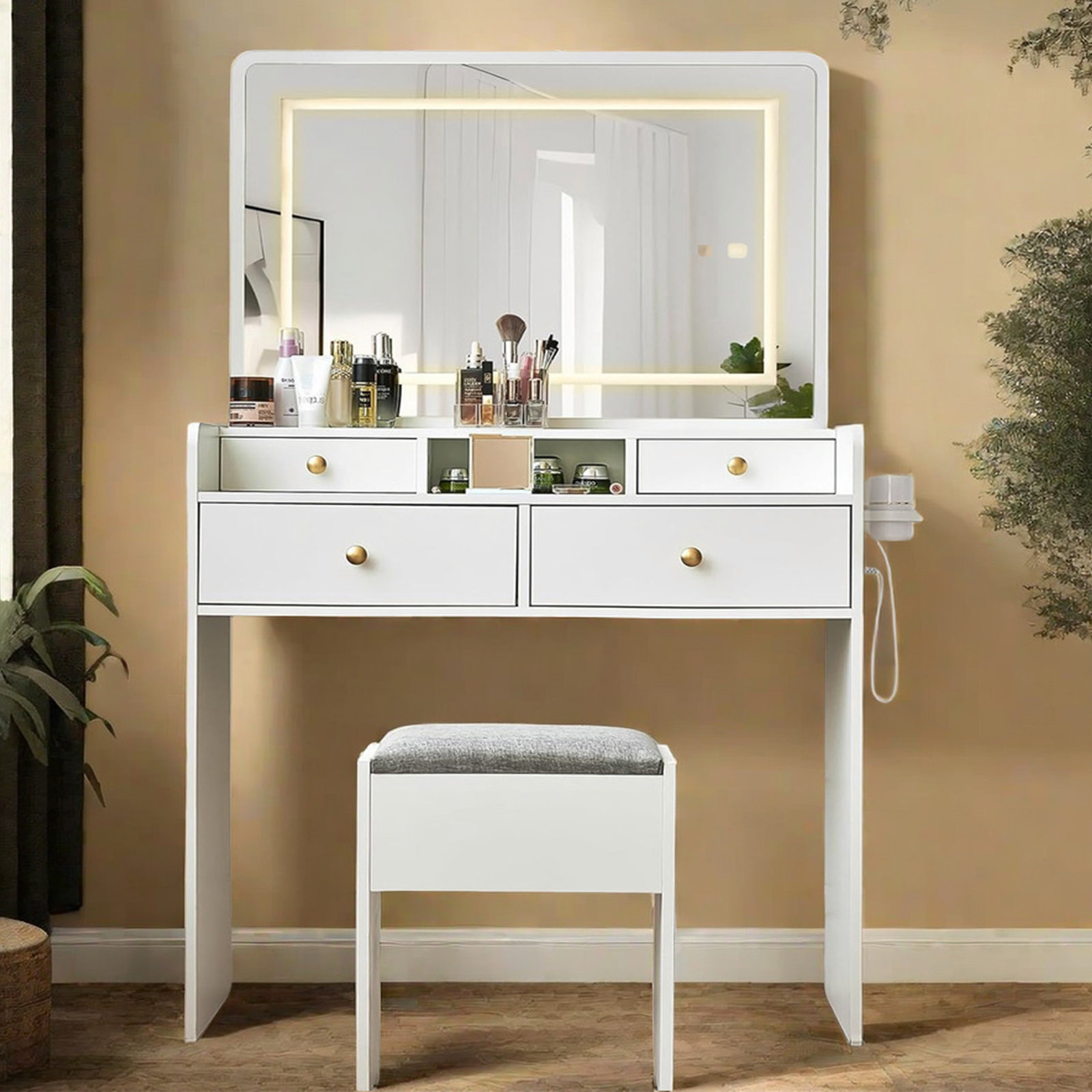 Wrought Studio Elegant Makeup Vanity with Large Mirror, Spacious Vanity