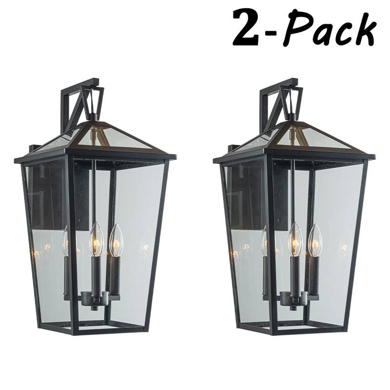 H22" 3-light Classic Large Outdoor Wall Lantern Matte Black Exterior Wall Sconce With Clear Tempered Glass Open Bottom Wall Mount Light Fixture For Porch Garage Entryway