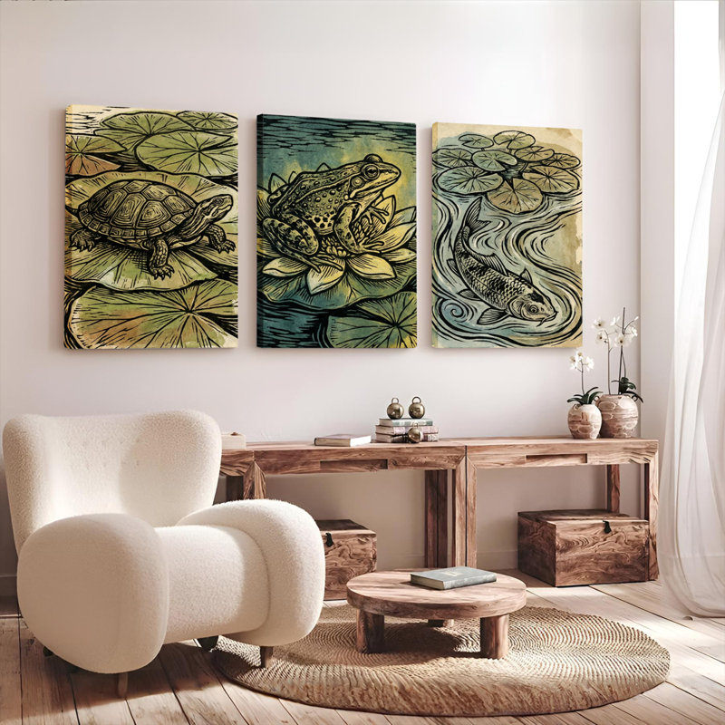 Ensemble de 3 toiles murales représentant une tortue, une grenouille et un étang à poissons, H 36 po x l 72 po
