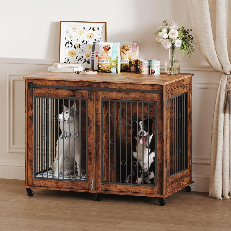 Anti-Bite Dog Crate Cage Furniture Sliding Barn Door, Dog Kennel End Table W/ Wheels & Flip-Top Plate Dog House Detachable Divider