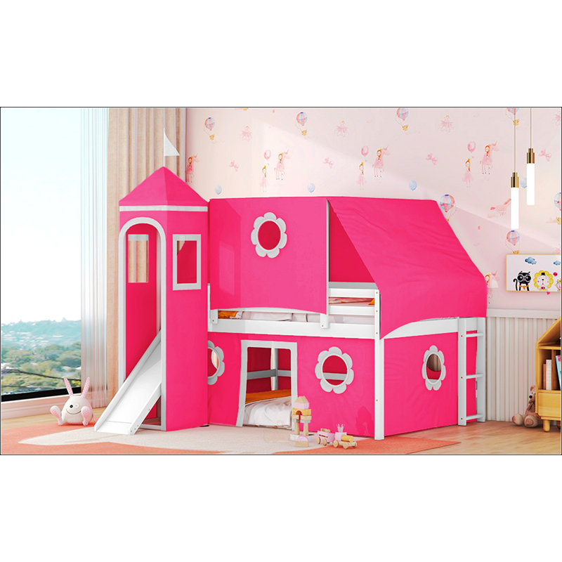 Lit mezzanine avec tente coulissante et tour, Double, Rose