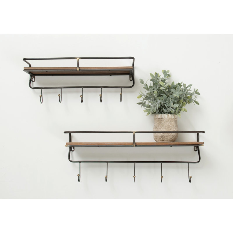 VIP Metal 24.21 in. Brown Wall Rack with Shelf and Hooks