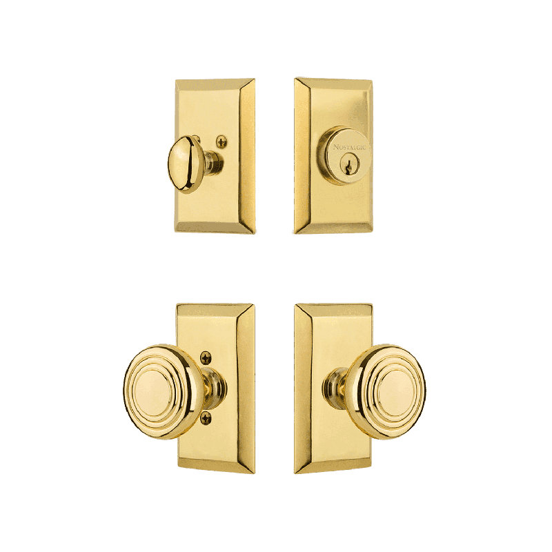 Nostalgic Warehouse Studio Entry Set with Deco Knob, 2.75, Polished Brass