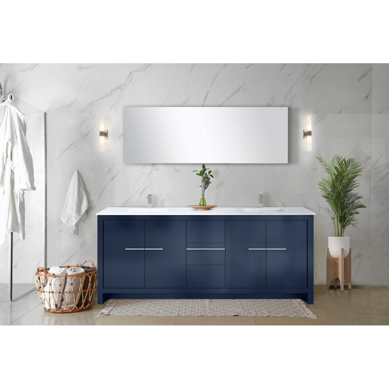 Ensemble de meuble-lavabo double 80 po X P 20 po D, ensemble en marbre de culture et robinet en nickel brossé, Nickel brossé