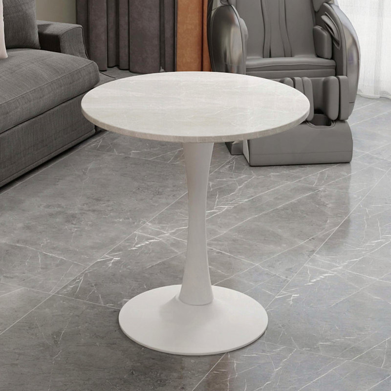 27.6" Round Marble-Effect Coffee Table with White Veined Top and White Pedestal Base, White, White