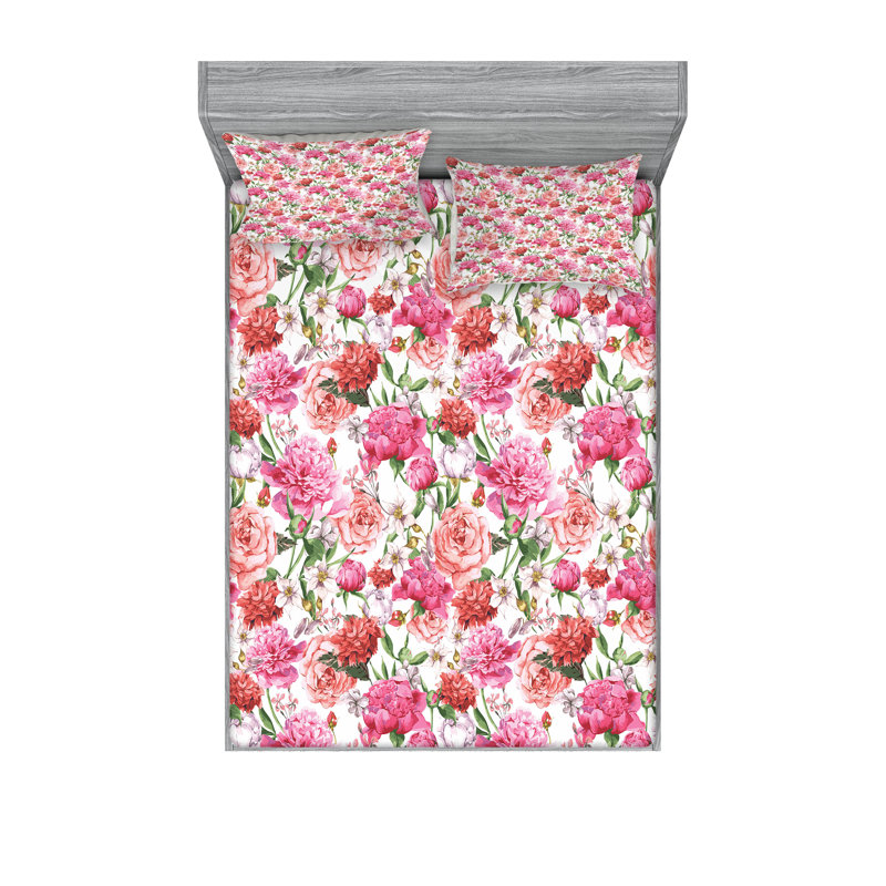 Ensemble de draps et taies décoratives Ambesonne Shabby Flora, rose pâle / rose vif