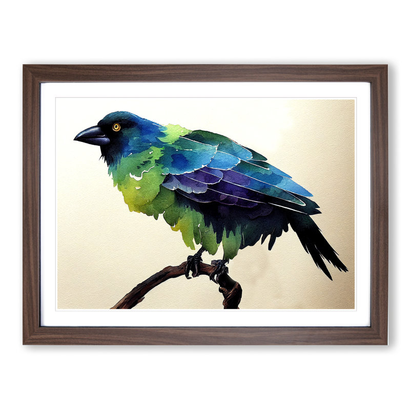 Crow Bird Watercolour - Framed Print, 46cm H x 64cm W x 2cm D, Walnut