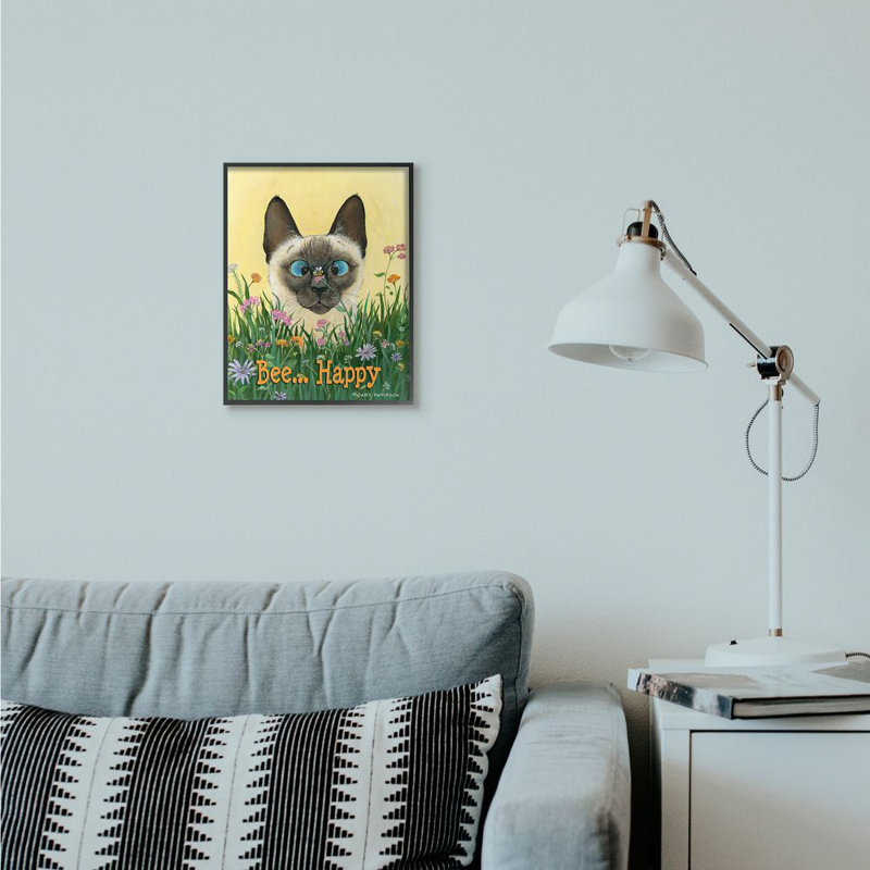 «Bee Happy Funny Cat Animal Design» par Gary Patterson - impression d'art graphique, Giclée encadrée noir minuit
