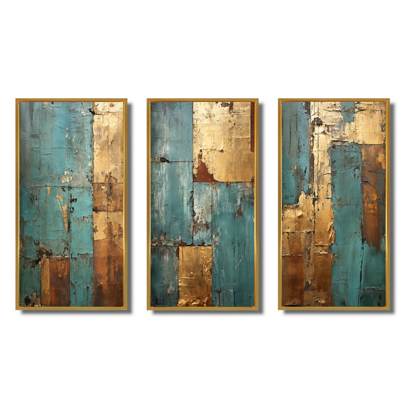 «Kintsugi Retro Glam Vintage Gold On Turquoise II», 3 pièces sur toile, Cadre flottant doré, H 32 po x l 48 po
