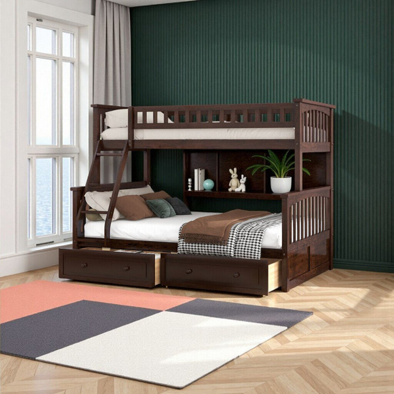 Lit superposé convertible simple au-dessus d'un lit double avec tiroirs de rangement, bois de pin massif, blanc, Espresso