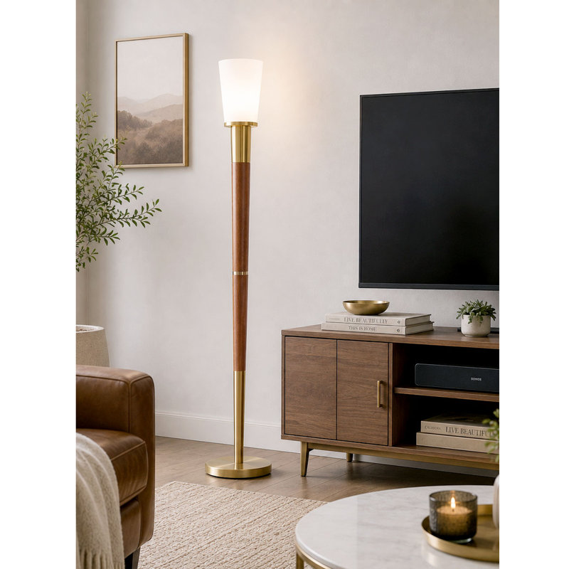Lampe sur pied 73 po Vanover, Laiton brossé / Noyer