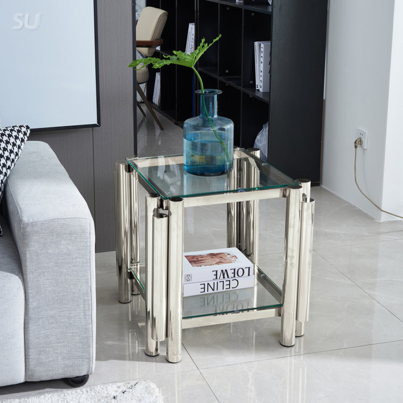 Table de bout carrée 20 pouces, moderne en acier inoxydable avec verre trempé transparent double couche et rangement