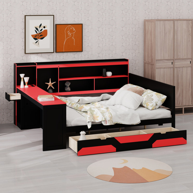 Multi-Functional Gaming Daybed with Desk,  3 Storage Drawers, Built-in Charging Station and Headboard, Black+Red, Queen