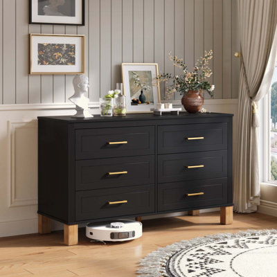 6-Drawer Double Dresser , Modern Storage Cabinet with Metal Handles & Solid Wood Legs, Dresser Drawer Organizer for Kids Bedroom, Heavy-Duty Wooden Dr