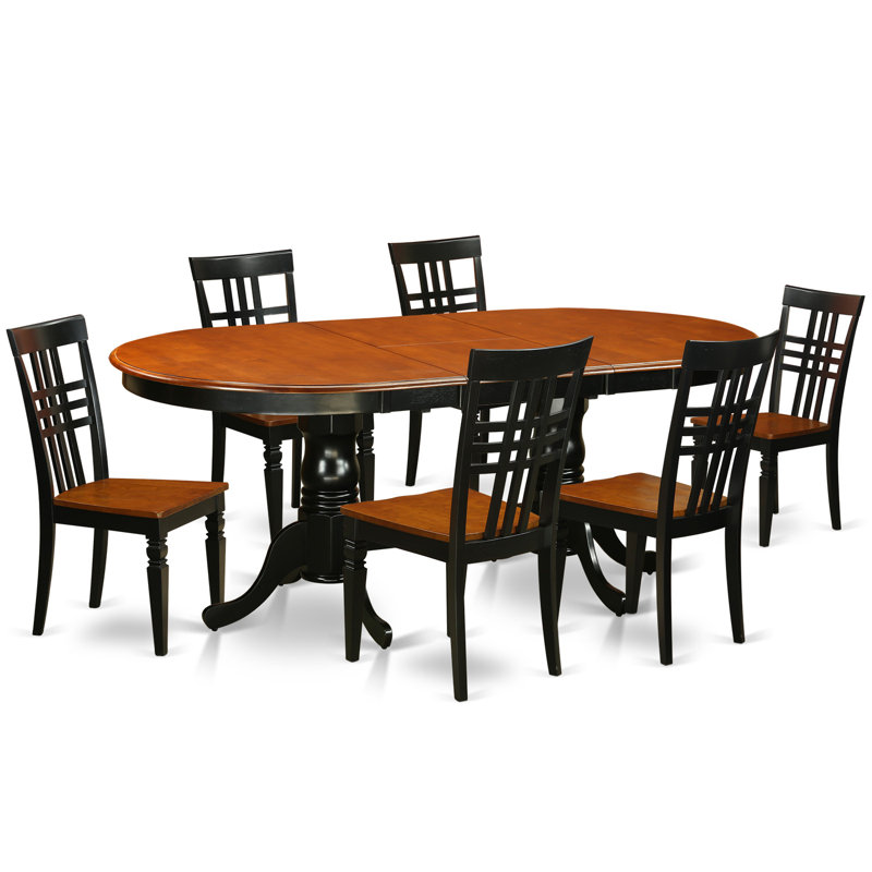 7 Piece Dining Table Set Consist of an Oval Dining Room Table with Butterfly Leaf and 6 Wooden Seat Chairs, Black & Cherry