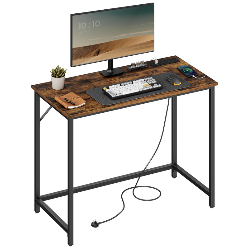 Ahuva Steel Computer Desk with Built-In Electrical Outlet, Brown