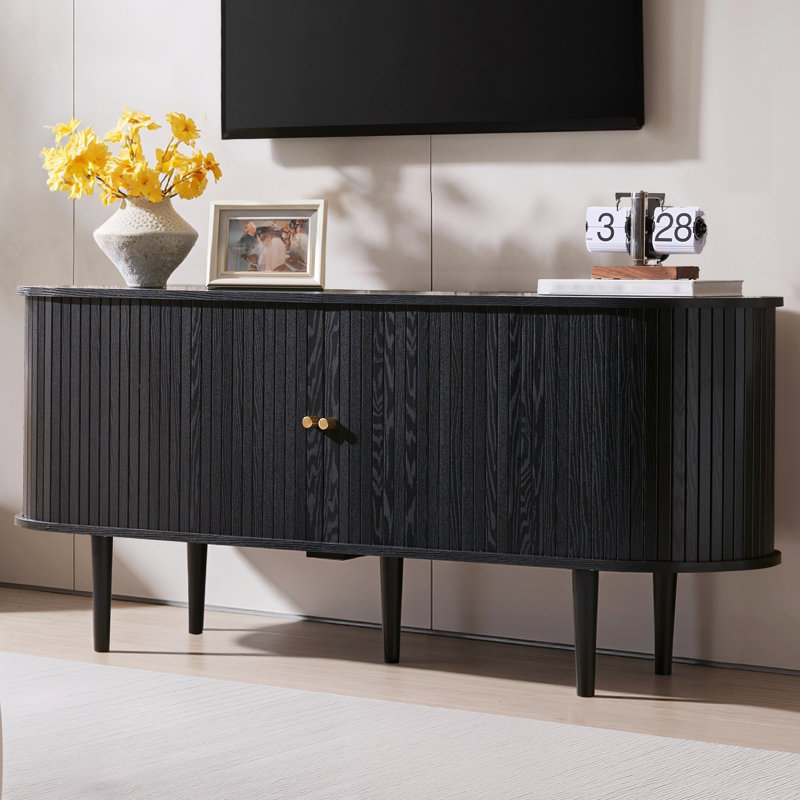 Meuble télé avec portes tambour Dulane, H 24,2 po x L 55 po x l 15,5 po, Noir, noir, noir, noir