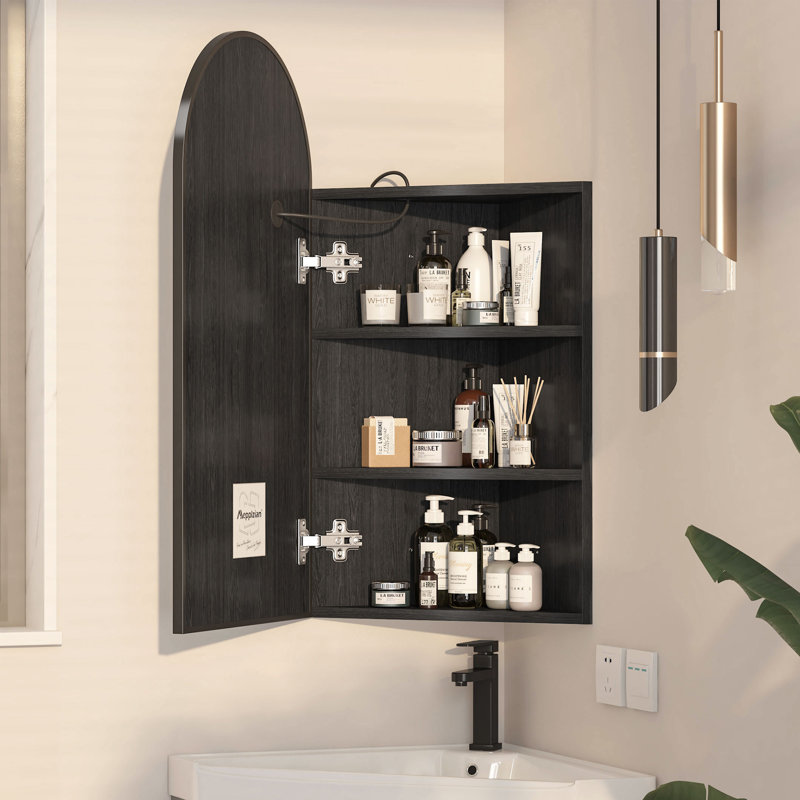 Arched Corner LED Mirror Cabinet 42.4 W x80 H cm, 3 Shelf Wall Mounted, Black