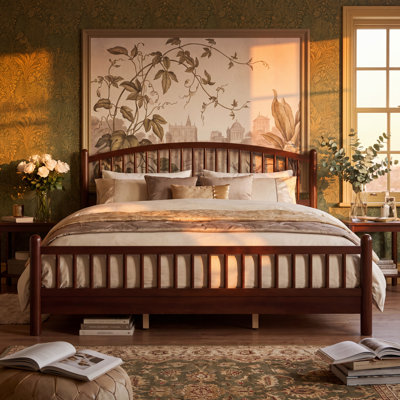 King Solid Rubberwood Bed Frame Curved Headboard, Wooden Platform Bed, No Box Spring, Stable Silent Frame, Quick Assembly, Espresso