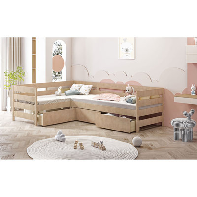 Natural L-Shaped Twin Bed - Comfortable And Practical Option Storage