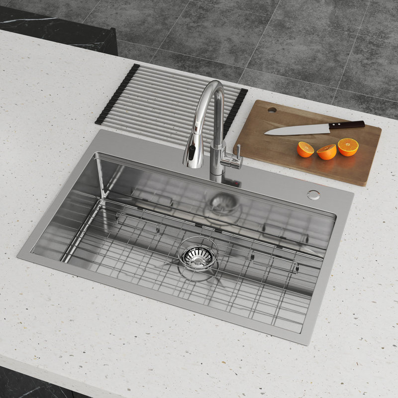 Évier de cuisine à simple cuve en acier inoxydable encastrable L 33 po x l 22 po, Argent argent